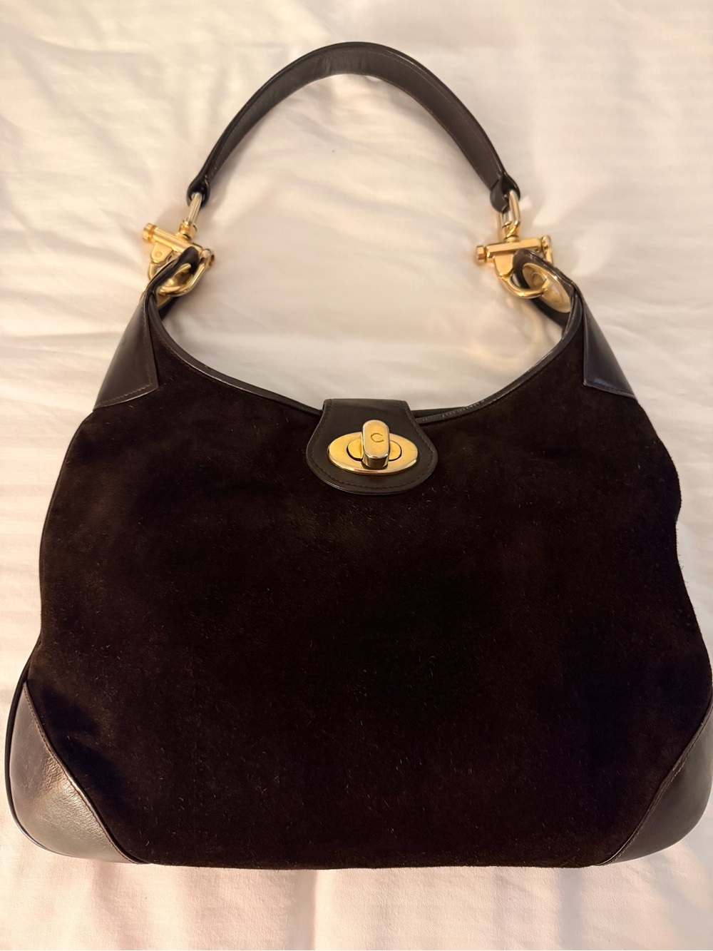 Celine Suede Shoulder Bag with Gold Hardware